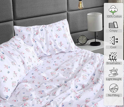 RUVANTI 100% Cotton Sheets – Full Size Percale Bedding, Cooling & Breathable Floral Design, Durable with a Crisp, Soft & Comfortable Feel, 16" Deep Pocket, 4-Piece Set, Funa Flora