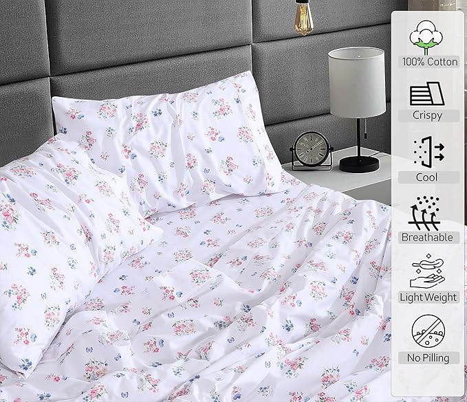 RUVANTI 100% Cotton Sheets – Split King Size Percale Bedding, Cooling & Breathable Floral Design, Durable with a Crisp, Soft & Comfortable Feel, 16" Deep Pocket, 5-Piece Set, Funa Flora