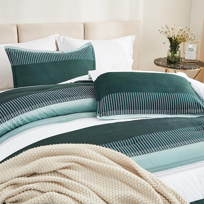 Litanika Dark Emerald Green Bed Comforter Twin/Twin XL Set, 2 Pieces Twin Extra Long Size Boys Men Forest Bedding Set, Single Colorblock Striped Bed Set