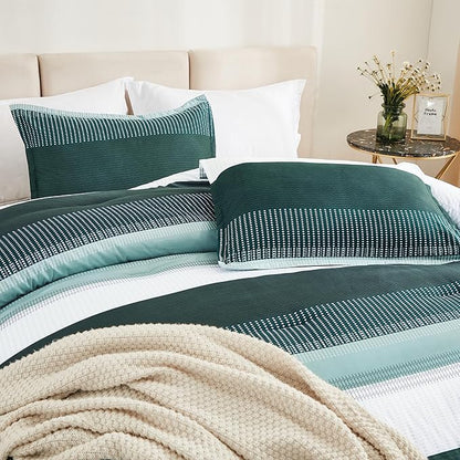 Litanika Dark Emerald Green King Bed Comforter Set, 3 Pieces Bedding Set, Colorblock Stripe Vintage Bed Set (104x90In Comforter & 2 Pillowcases)