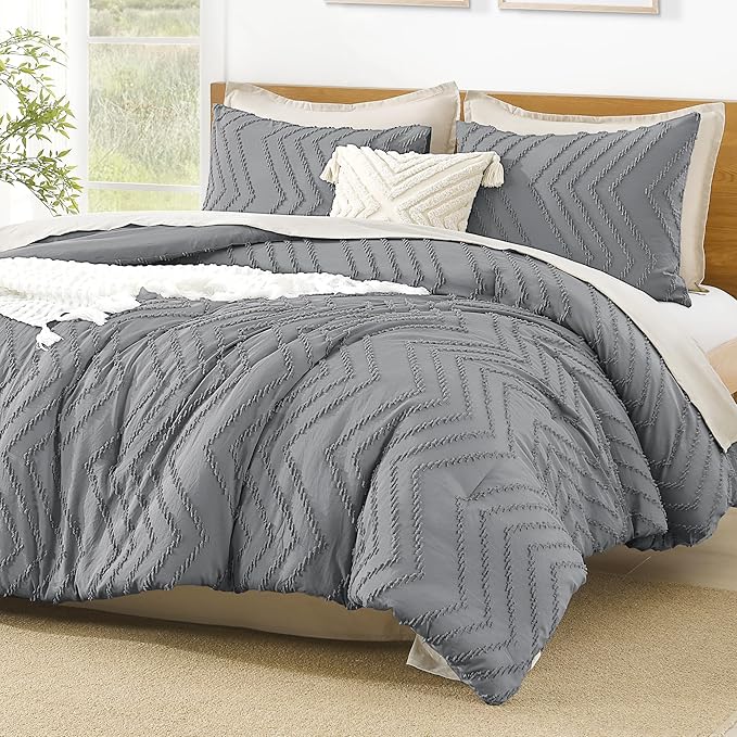 Litanika California King Size Comforter Set Medium Gray, 3 Pieces Chevron Tufted Bedding Set & Collections, All Season Bed Set (104x96In Comforter and 2 Pillow Shams)