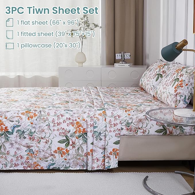 Softan Green Floral Twin Sheet Set, 3-Piece Cozy Microfiber Butterfly Printed Fitted Bed Sheet with 15" Deep Pockets & Non-Slip Straps, Kids Girls Cute Patterned Sheets & Pillowcase Set