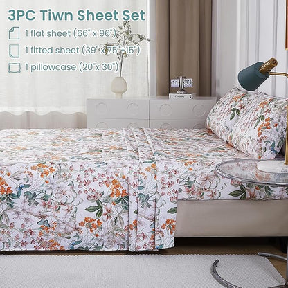 Softan Green Floral Twin Sheet Set, 3-Piece Cozy Microfiber Butterfly Printed Fitted Bed Sheet with 15" Deep Pockets & Non-Slip Straps, Kids Girls Cute Patterned Sheets & Pillowcase Set