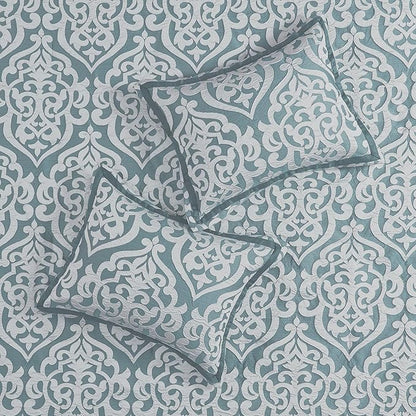 Madison Park Odette Cozy Comforter Set Jacquard Damask Medallion Design - Modern All Season, Down Alternative Bedding, Shams, Decorative Pillows, Queen(90 in x 90 in), Aqua