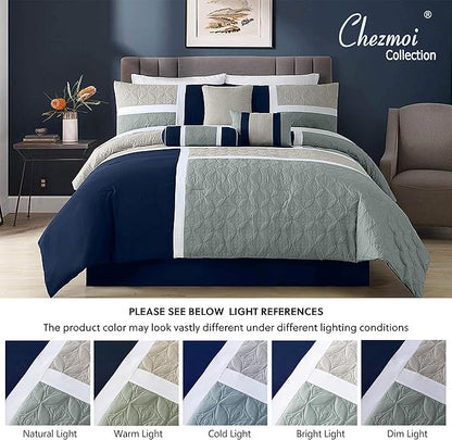 Chezmoi Collection Upland 7-Piece Quilted Patchwork Comforter Set, Navy/Blue/Gray, King