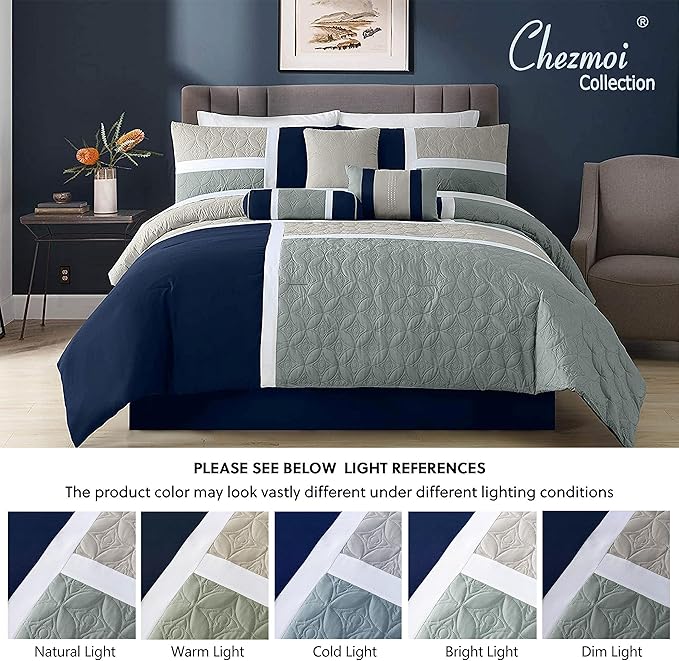 Chezmoi Collection Upland 7-Piece Quilted Patchwork Comforter Set, Navy/Blue/Gray, Full