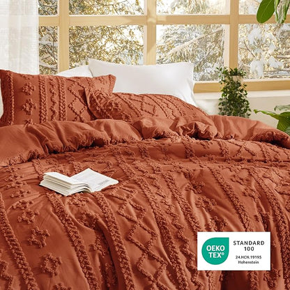 Bedsure Tufted Boho Comforter Set Queen Size - Terracotta Boho Bed Set, GentleSoft™ 3 Pieces Farmhouse Shabby Chic Embroidery Bedding, Gifts for Woman, Soft Jacquard Queen Comforter for All Seasons