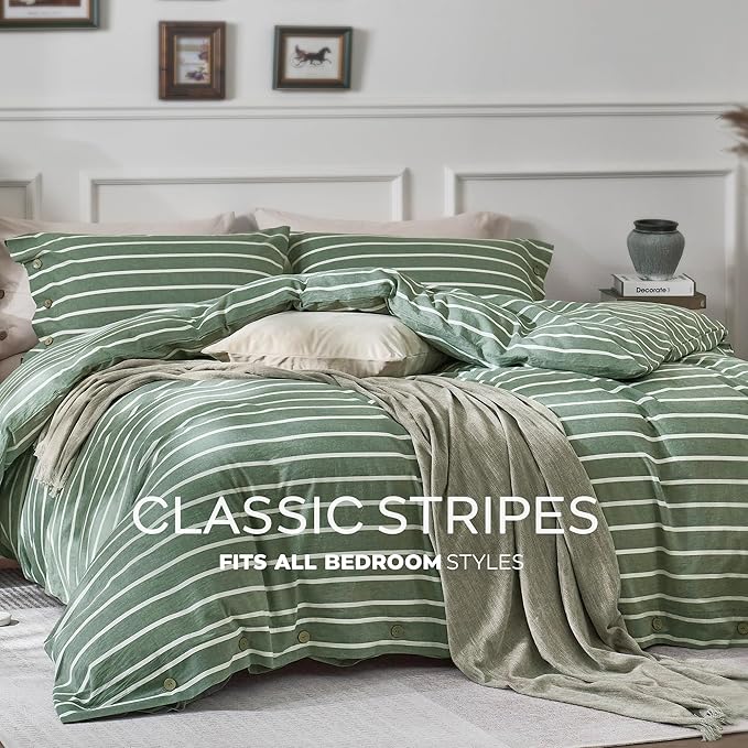 JELLYMONI Cotton Duvet Cover Oversized Queen Size - Green Striped Comforter Cover with Button 100% Washed Cotton 3PCS Breathable Soft Solid Bedding Set Duvet Cover 98×98in & 2 Pillowcases
