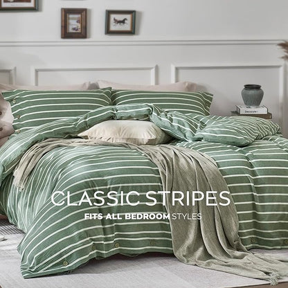 JELLYMONI Cotton Duvet Cover Queen Size - Green Striped Comforter Cover with Button 100% Washed Cotton 3PCS Breathable Soft Solid Bedding Set Duvet Cover 90×90in & 2 Pillowcases (NO Comforter)