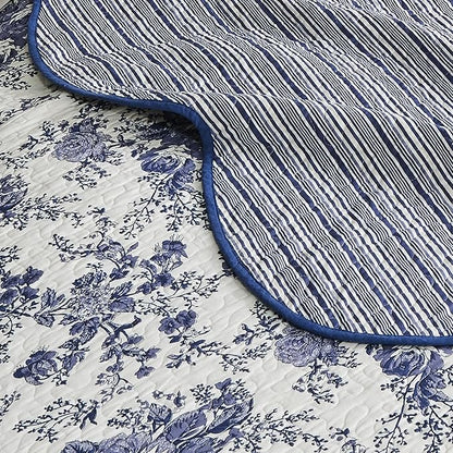 Wonderful 100% Cotton Blue Floral Quilt Set King Size Bedding Sets with Pillow Shams and Bed Skirt, 4 Pieces Floral Bedspread Coverlet, Quilted Blanket Bed Cover for All Season, 104"x90"