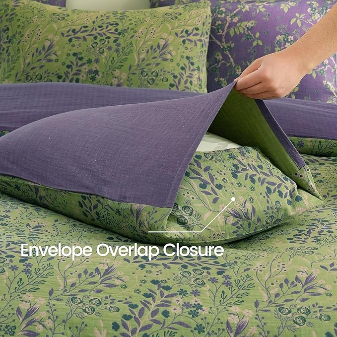 BISELINA 100% Cotton Muslin Duvet Cover Set King, 3 Pcs Yarn-Dyed Jacquard Textured Reversible Floral Design, Soft and Breathable Bedding Set with Zipper Closure, Green Purple