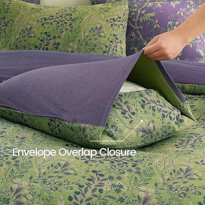 BISELINA 100% Cotton Muslin Duvet Cover Set King, 3 Pcs Yarn-Dyed Jacquard Textured Reversible Floral Design, Soft and Breathable Bedding Set with Zipper Closure, Green Purple