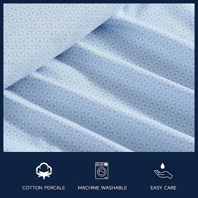 Nautica - King Size Sheets Set, Crisp & Tailored Floral Bedding with a Smooth Cotton Percale, Bed Sheets with Matching Pillowcases & Fitted Sheet (Geo Floral Blue)