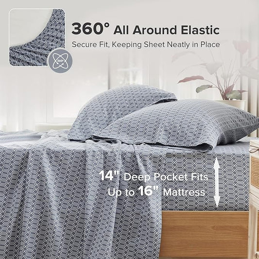Comfort Spaces 100% Cotton Sheets Queen, Breathable, Naturally Cool Cotton Sheets, Soft Cotton Bed Sheets with 14" Elastic Pocket Fits up to 16" Mattress, All Seasons Sheet Set, Diamond Blue 4 Piece