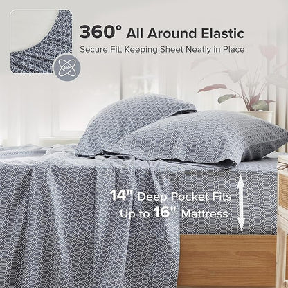 Comfort Spaces 100% Cotton Sheet Set Breathable, Lightweight, Soft with 14" Elastic Pocket Fits up to 16" Mattress, All Season Cozy Bedding, Matching Pillow Case, Cal King Diamond Blue 4 Piece