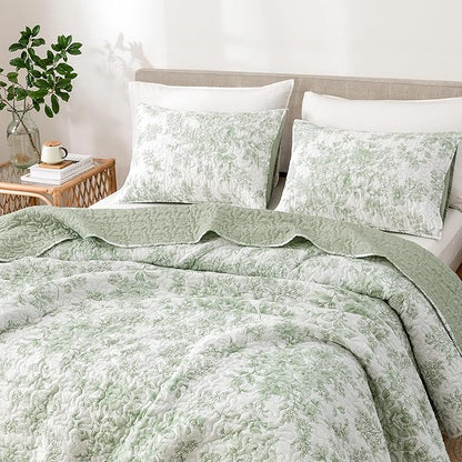 Wonderful Spring Fresh Quilt, Sage Green Floral Bedspread King Size, 3 Piece Cotton Vintage Farmhouse Bedding Set, Machine Washable Lightweight Soft Bed Cover for All Season | breathable material, Hypoallergenic soft