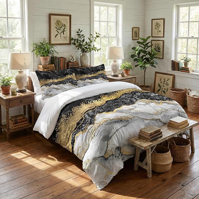 Black Grey Marble Comforter Queen Size, Abstract Modern Bedding Set with Golden River Texture, 3Pcs Soft Microfiber Quilted Comforter for All Seasons, 2 Matching Pillowcases/ 90"x90"