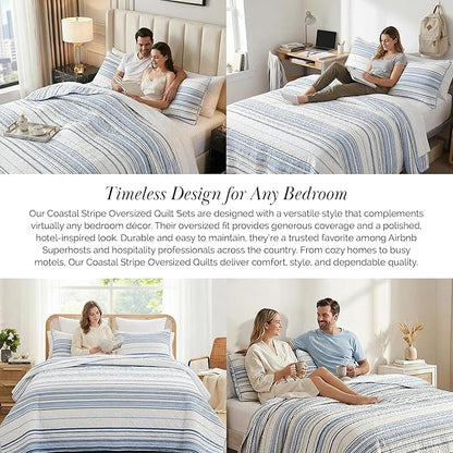 Southshore Fine Living, Inc. Oversized Queen Quilt Set, Striped Blue/White Quilt Bedspread Queen/Full, 3-Piece Coastal Bedding Set with Lightweight Coverlet and Matching Quilted Shams, Blue Stripes