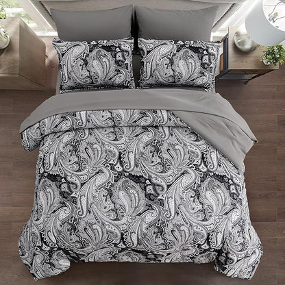 DJY Black Paisley Comforter Set Full Size 7 Piece Bed in a Bag Black and Grey Boho Paisley Pattern Comforter Set Soft Lightweight Microfiber Reversible Bedding Set for All Season