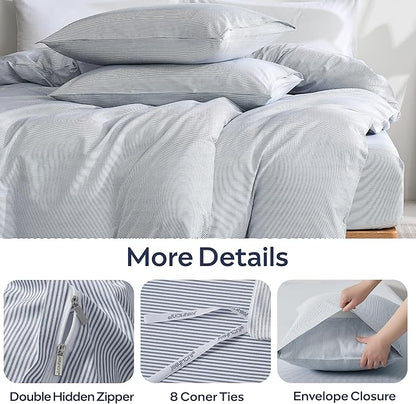 JELLYMONI 100% Natural Cotton 3pcs Striped Duvet Cover Sets,Blue Duvet Cover with Thin White Stripes Pattern Printed Comforter Cover,with Zipper Closure & Corner Ties(King Size)