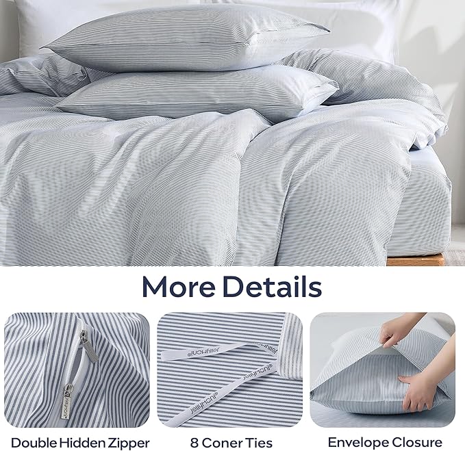 JELLYMONI 100% Natural Cotton 3pcs Striped Duvet Cover Sets,Blue Duvet Cover with Thin White Stripes Pattern Printed Comforter Cover,with Zipper Closure & Corner Ties(Queen Size)
