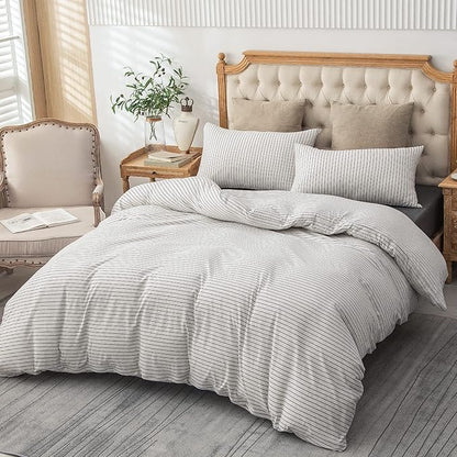 PURE ERA Jersey Knit Duvet Cover Set 100% T-Shirt Heather Cotton Super Soft Comfy Classic Striped Design, with Zipper Closure, Heather White & Black Pinstripe, King