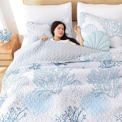 weigelia Coastal Quilts Bedding Set King Size - Blue Summer Nautical Bedding Quilt with Pillow Cases, Beach Reversible Quilt Set Bedspreads Coverlet Soft Lightweight Comforter