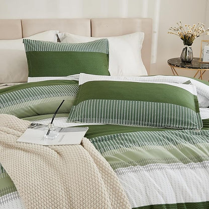 Litanika Olive Green Comforter Set California King - 3 Pieces Lightweight Olive Green White Colorblock Stripe Fluffy Bedding Comforter Sets, All Season Bed Set