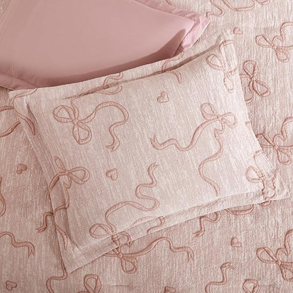 Geniospin Pink Full Comforter Set for Girls- 7 Pieces Bowknot Jacquard Bed in A Bag Full Bedding Sets with Sheets, Pillowcases & Shams, All Season Kids Comforter Set
