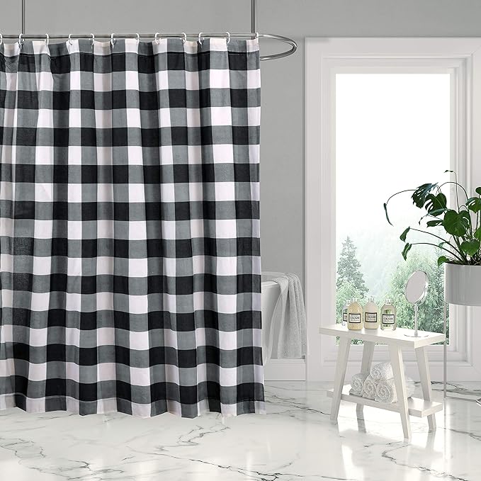 Levtex Home - Camden -Shower Curtain (72x72in.) with Button Holes - Buffalo Check - Grey and Cream