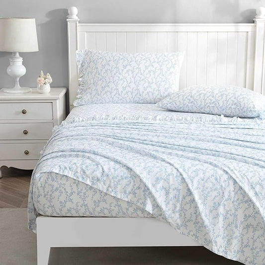Laura Ashley - Twin XL Sheet Set, Crisp & Cool Cotton Percale Bedding with Deep Pockets, Lightweight for Year Round Comfort, Bed Sheets with Matching Pillowcase (Victoria Blue)