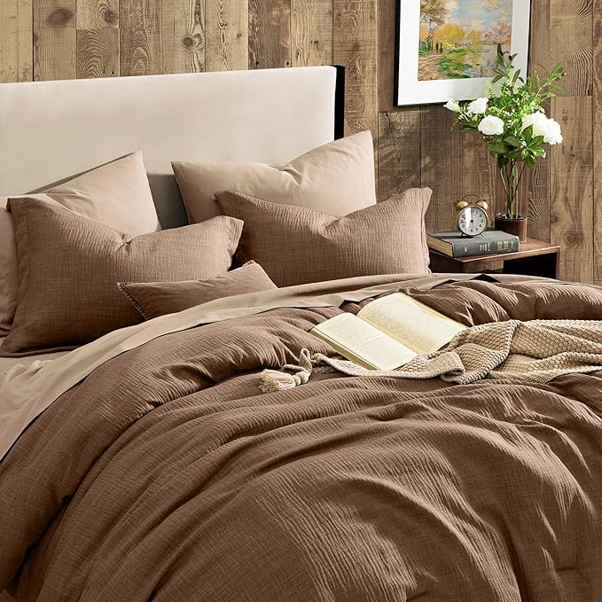 Geniospin King Size Comforter Set - 7 Pieces Brown Comforter King Size, Soft Solid Bedding Set for All Season, Textured Bed in a Bag with Sheets, Pillowcases & Shams