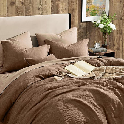 Geniospin King Size Comforter Set - 7 Pieces Brown Comforter King Size, Soft Solid Bedding Set for All Season, Textured Bed in a Bag with Sheets, Pillowcases & Shams