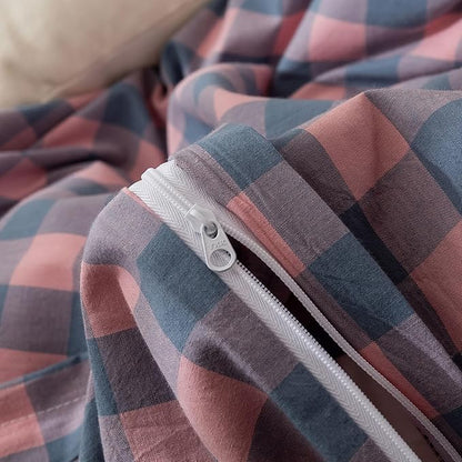 EAVD Modern Purple Pink Plaid Duvet Cover Twin Soft Cotton Reversible Grid Plaid Bedding Set with 2 Pillowcases Simple Geometric Duvet Cover with Zipper Closure
