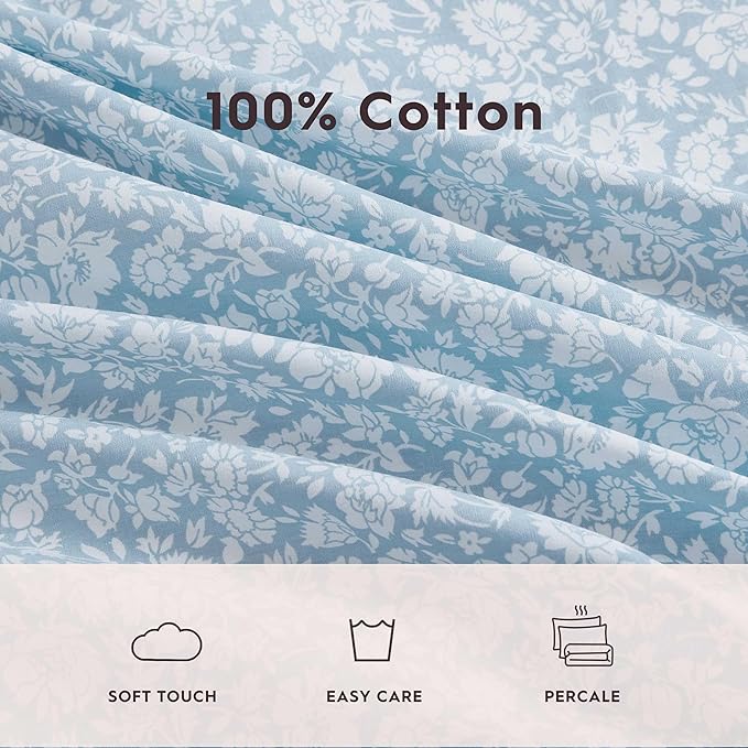 Laura Ashley - Queen Sheets, Cotton Percale Bedding Set, Lightweight & Breathable Home Decor (Heirloom Ditzy Blue, Queen)