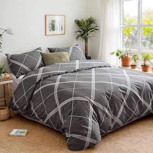 TOCOMOA Plaid Duvet Cover Set 100% Natural Cotton Soft Comfy Breathable 3 Piece Grey and White Striped Pattern Printed Comforter Cover Bedding Set (King 104"x90", Comforter Not Included)