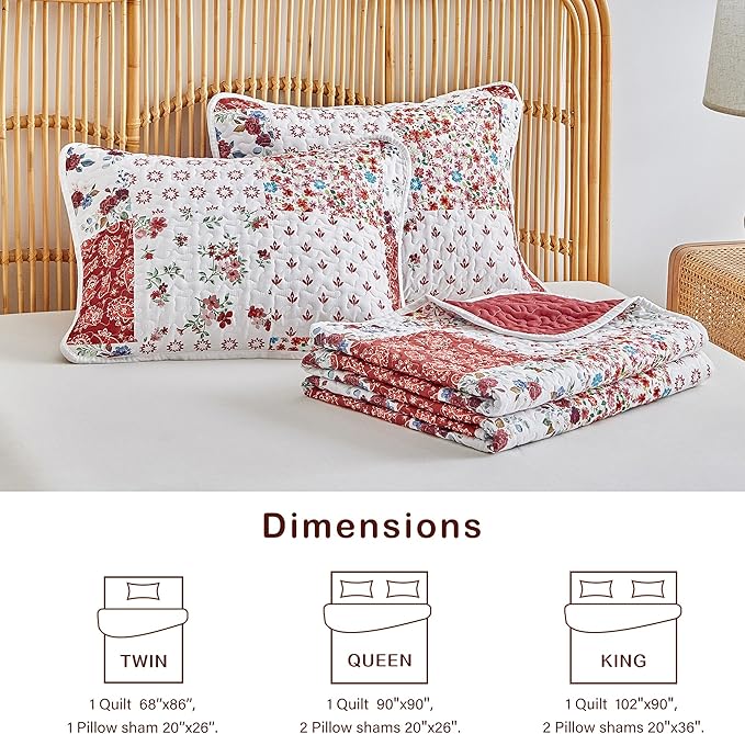 Joyreap 2 Pieces Floral Patchwork Quilt Set Twin, Burgundy Red n White Flowers Design, Smooth Soft Microfiber Quilt, Bedspread Bed Cover for All Season, 68x86 inches
