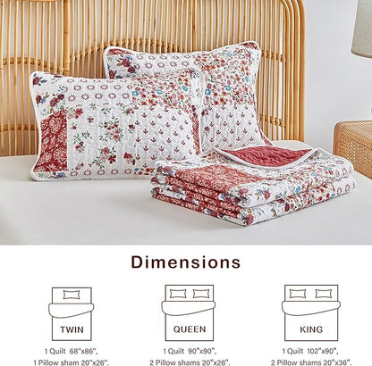 Joyreap 3 Pieces Floral Patchwork Quilt Set Twin, Burgundy Red n White Flowers Design, Smooth Soft Microfiber Quilt, Bedspread Bed Cover for All Season, 102x90 inches