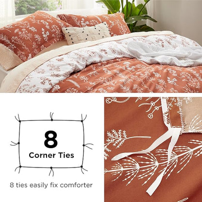 Bedsure Duvet Cover King Size - Reversible Terracotta King Duvet Cover Set with Zipper Closure, 3 Pieces Floral Patterned Bedding Set with 8 Corner Ties and 2 Pillow Shams