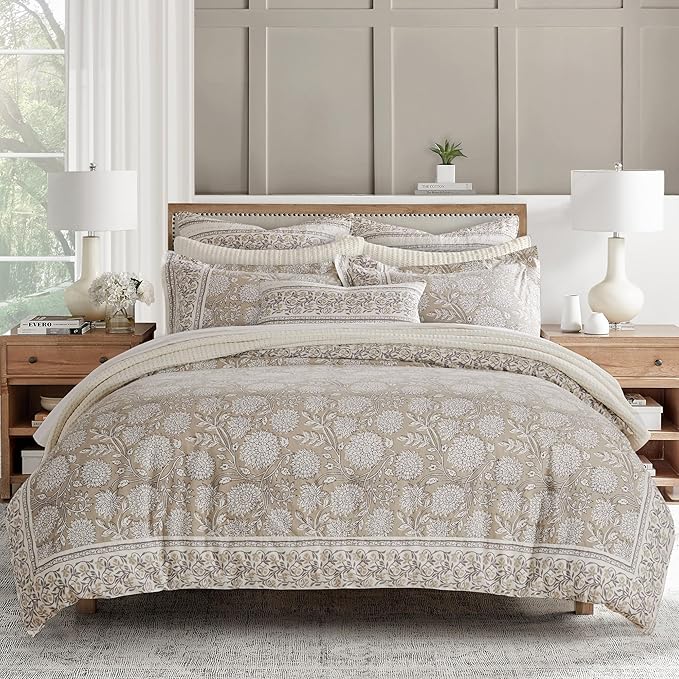 Levtex Home Adare Taupe Reversible Twin/Twin XL Comforter Set (68x88in) with 1 Pillowcase (26x20in) - Floral Bedding - Taupe and White - 100% Cotton Twin Size Comforter Set - Soft, Pre-Washed