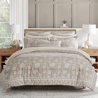 Levtex Home Adare Taupe Reversible Twin Duvet Cover Set (68x88in) with 1 Pillowcase (26x20in) - Floral Bedding - Taupe and White - 100% Cotton Twin Size Duvet Cover Set - Soft, Pre-Washed