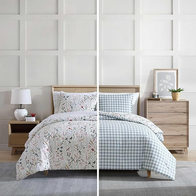 Eddie Bauer - Queen Comforter Set, Reversible Cotton Bedding with Matching Shams, Classic Floral Home Decor with Plaid Reverse (Woodland Forest Grey, Queen)
