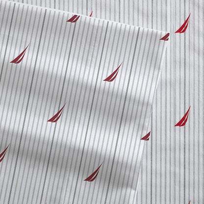 Nautica- King Sheet Set, Cotton Percale Bedding Set, Crisp & Cool, Lightweight & Breathable (Audley Stripe Red, King)