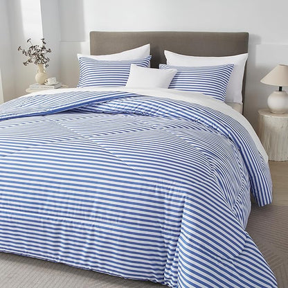 mixinni Striped Comforter Set Queen Size - Blue Stripes Pattern Bed Set for All Season, 3 Pieces Lightweight Bedding Comforter Sets for All Seasons (1 Soft Fluffy Comforter + 2 Pillowcases)