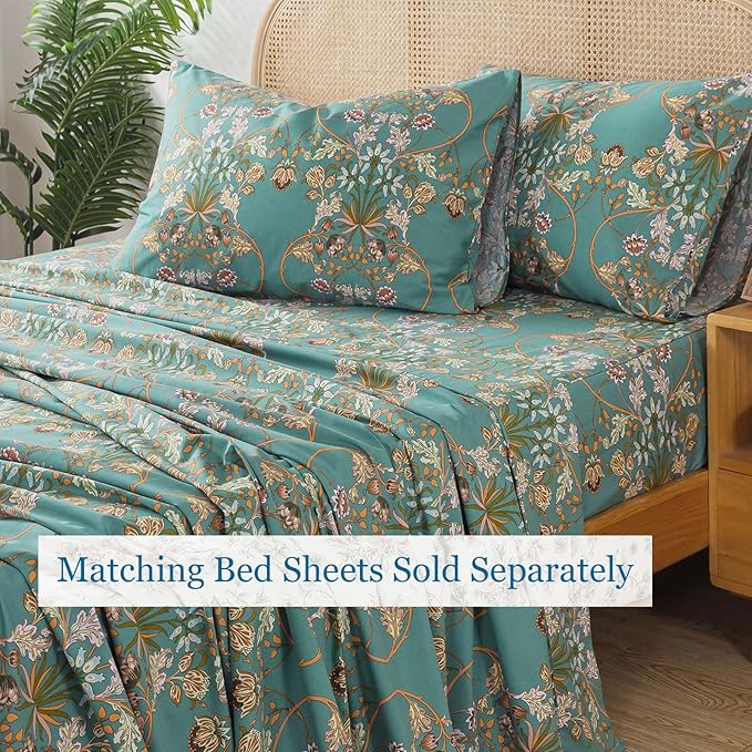 Zusbest 100% Cotton Blue Floral Pillowcases Standard Size Set of 2, 19''×29'', Queen Size Teal Orange French Country Floral Printed Reversible Pillow Covers Soft Envelope Queen Pillowcase Protectors