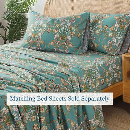 Zusbest 100% Cotton Blue Floral Pillowcases Standard Size Set of 2, 19''×29'', Queen Size Teal Orange French Country Floral Printed Reversible Pillow Covers Soft Envelope Queen Pillowcase Protectors