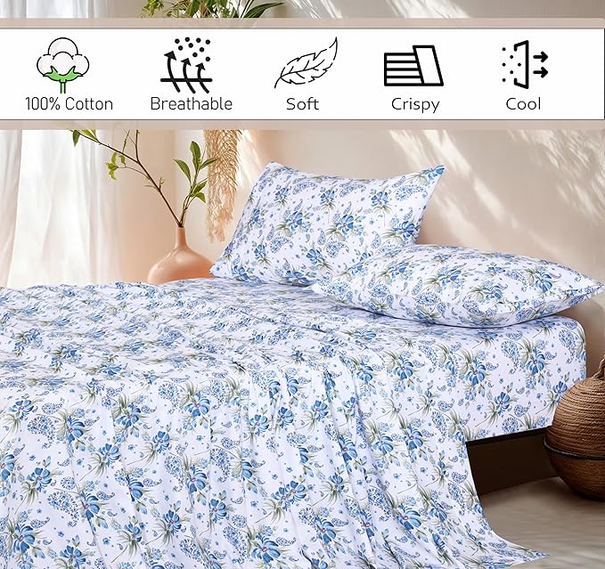 RUVANTI 100% Cotton Sheets – Split King Size Percale Bedding, Cooling & Breathable Floral Design, Durable with a Crisp, Soft & Comfortable Feel, 16" Deep Pocket, 5-Piece Set, Paislyona