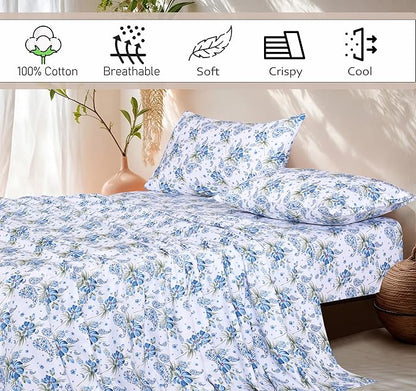 RUVANTI 100% Cotton Sheets Queen Size Set, 4 Pieces, Soft & Breathable Percale Weave Bedding, Deep Pocket 16", Hotel Standard, Crisp Cool Feeling, Durable, Perfect Floral Bed Sheet, Paislyona