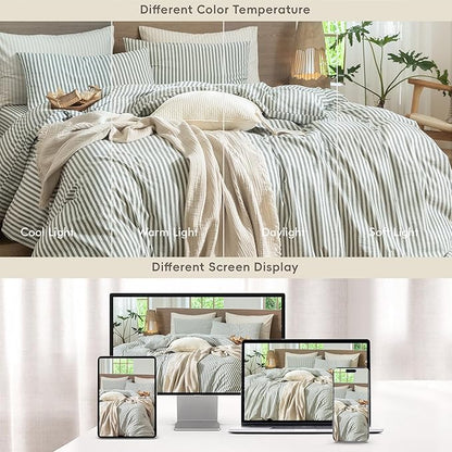 MooMee Striped Duvet Cover Set 100% Washed Cotton Linen Like Textured Breathable Durable Soft Comfy (Heathered Green Classic Stripes, Super Queen 90"x98")