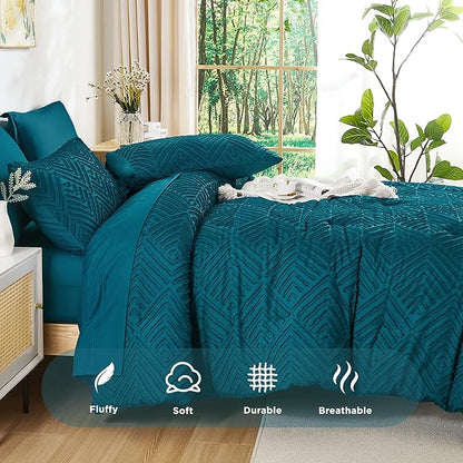 Andency Oversized King Size Comforter Set 7 Pieces Teal - Bed in a Bag Oversized King Boho Lightweight Fluffy Tufted Bedding Sets with Comforter, Sheets, Pillowcases & Shams